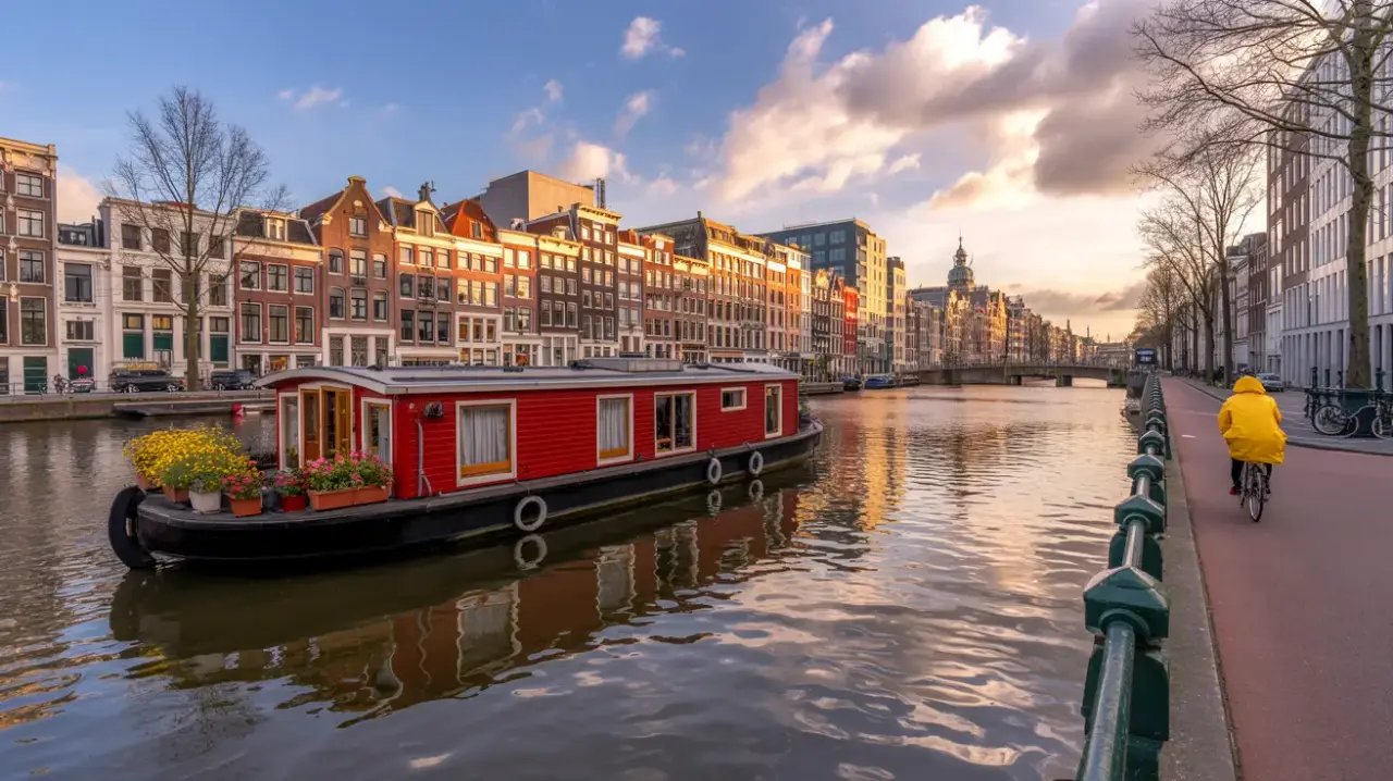 Photo panoramique d'Amsterdam avec ses canaux et architecture moderne