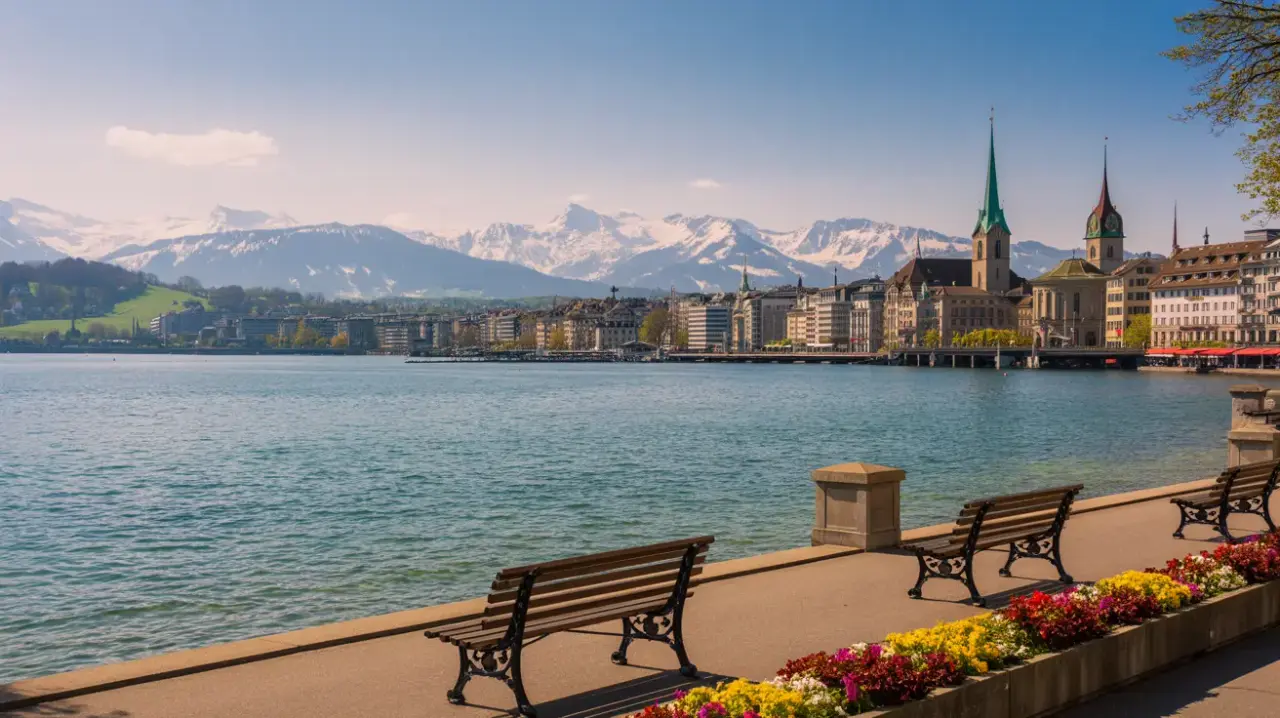 Photo panoramique de Zurich avec le lac et les Alpes en arrière-plan