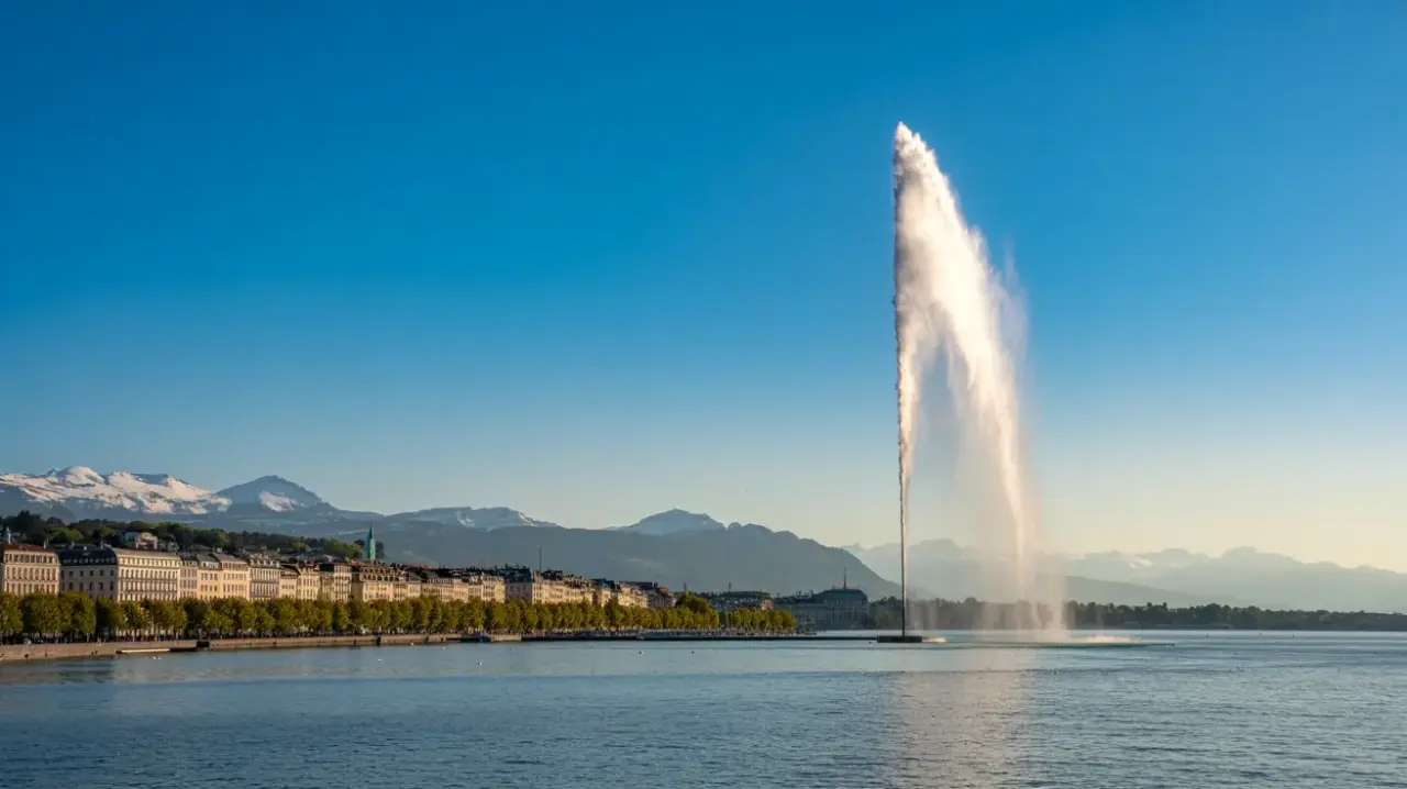 Photo panoramique de Genève avec le lac Léman et le jet d\'eau pour contextualiser géographiquement