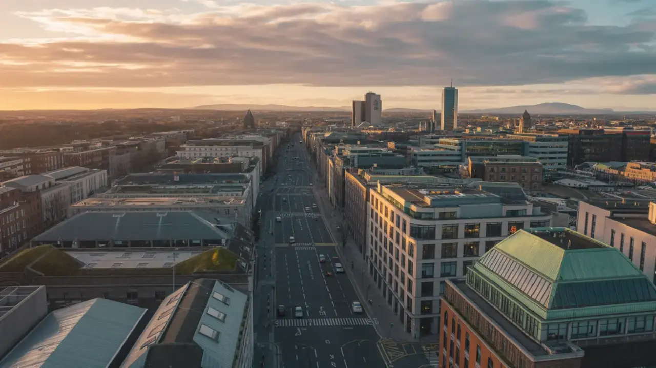Photo panoramique de Dublin avec les quartiers d\'affaires (Silicon Docks, IFSC)